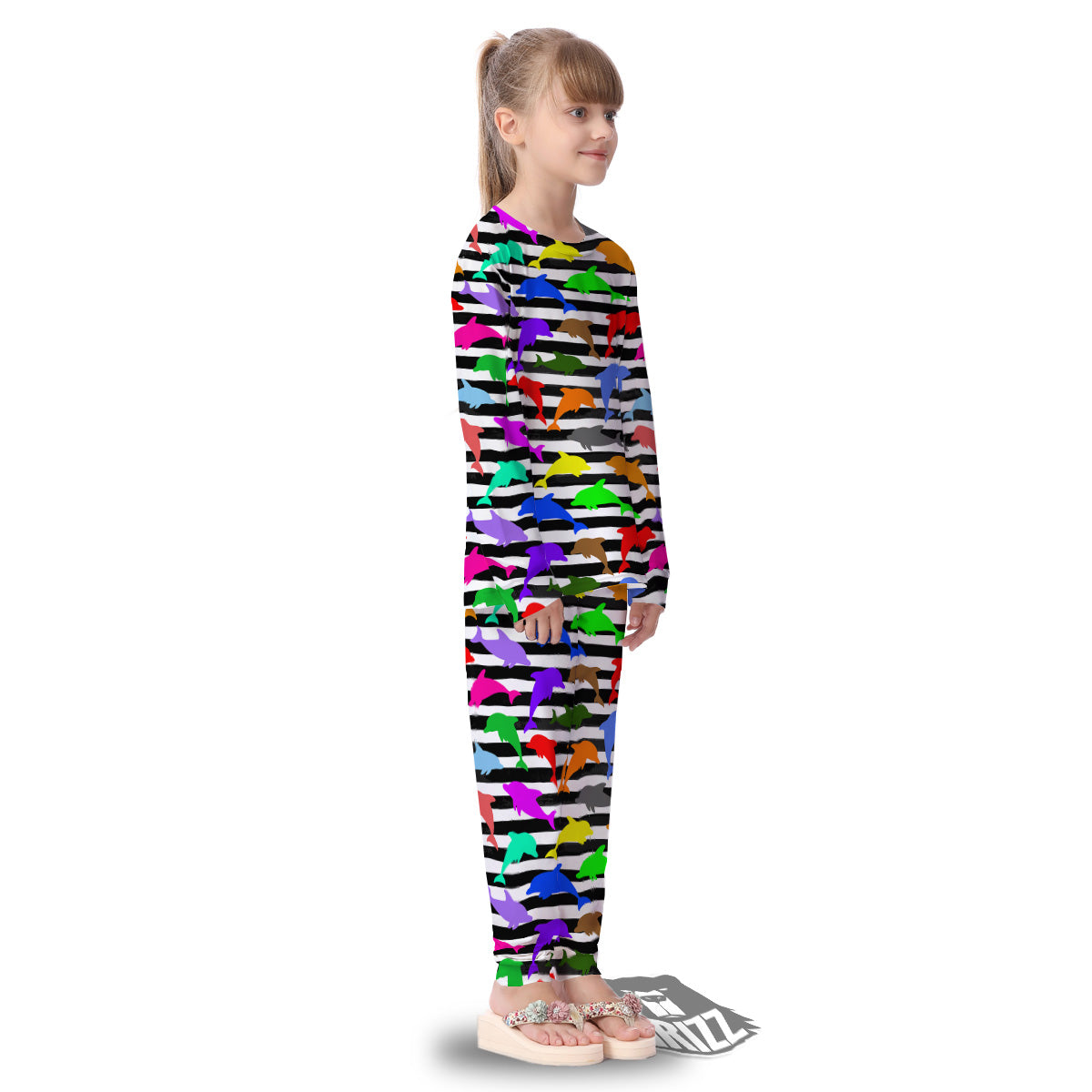 Striped And Colorful Dolphin Print Pattern Kid's Pajamas-grizzshop