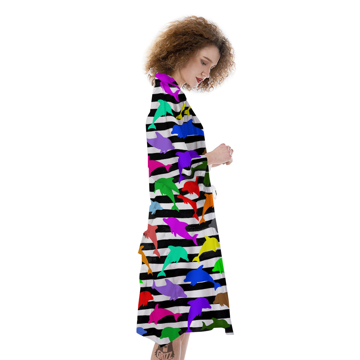 Striped And Colorful Dolphin Print Pattern Kimono-grizzshop