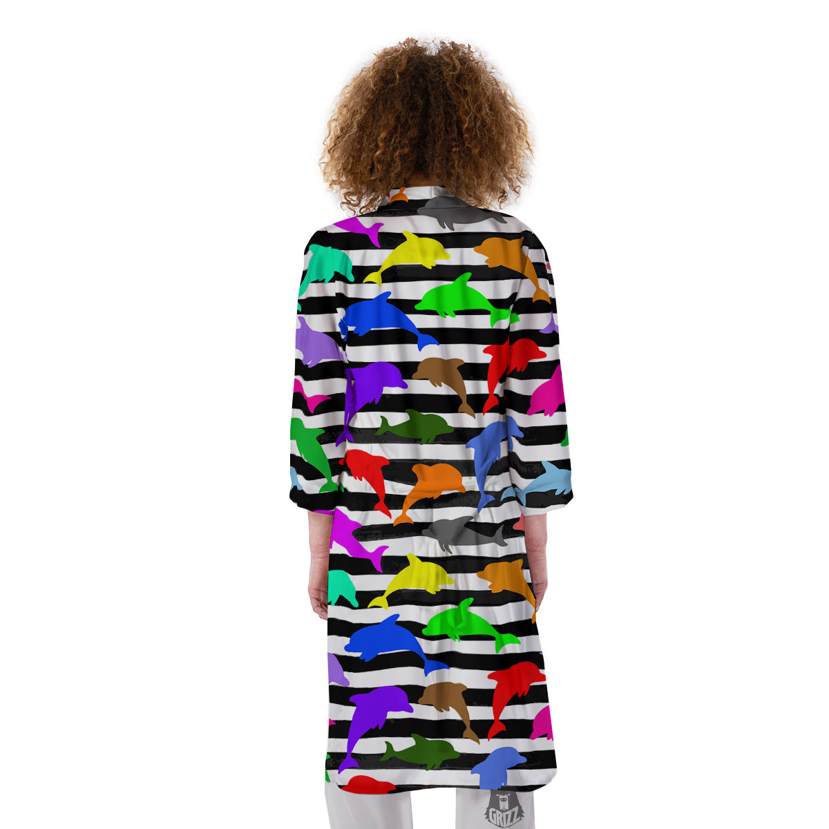 Striped And Colorful Dolphin Print Pattern Kimono-grizzshop