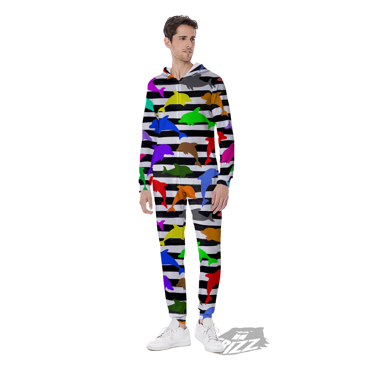 Striped And Colorful Dolphin Print Pattern Men's Jumpsuit-grizzshop