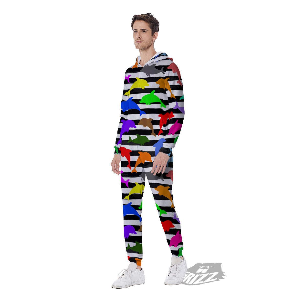 Striped And Colorful Dolphin Print Pattern Men's Jumpsuit-grizzshop