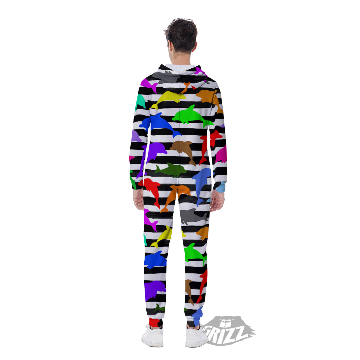 Striped And Colorful Dolphin Print Pattern Men's Jumpsuit-grizzshop