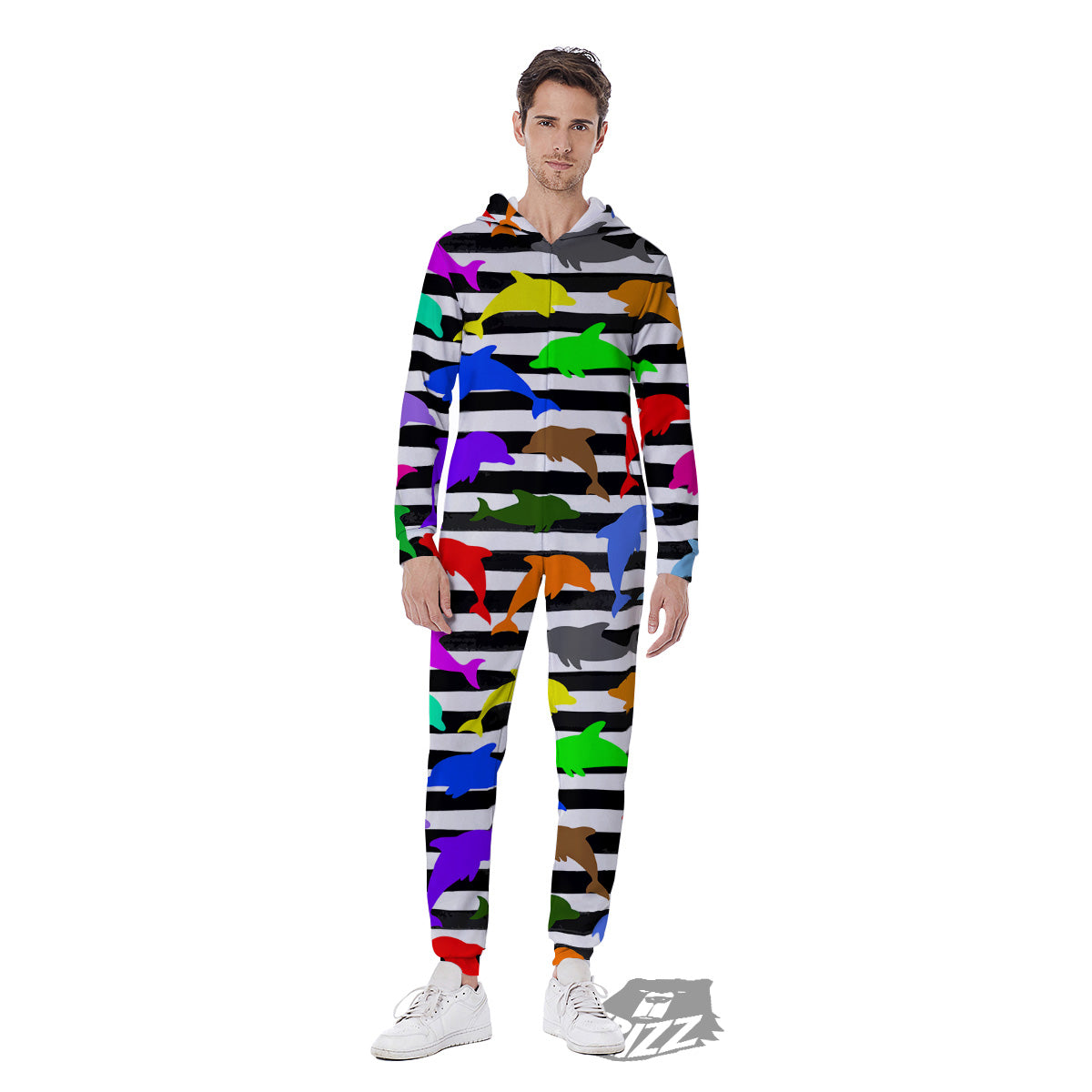 Striped And Colorful Dolphin Print Pattern Men's Jumpsuit-grizzshop