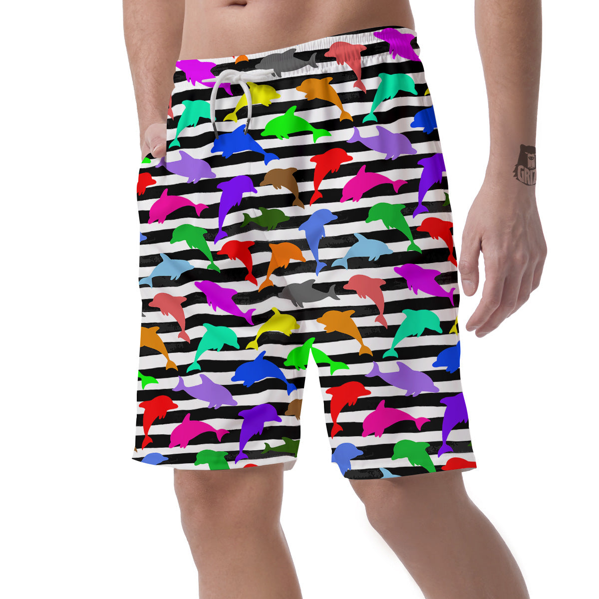 Striped And Colorful Dolphin Print Pattern Men's Shorts-grizzshop