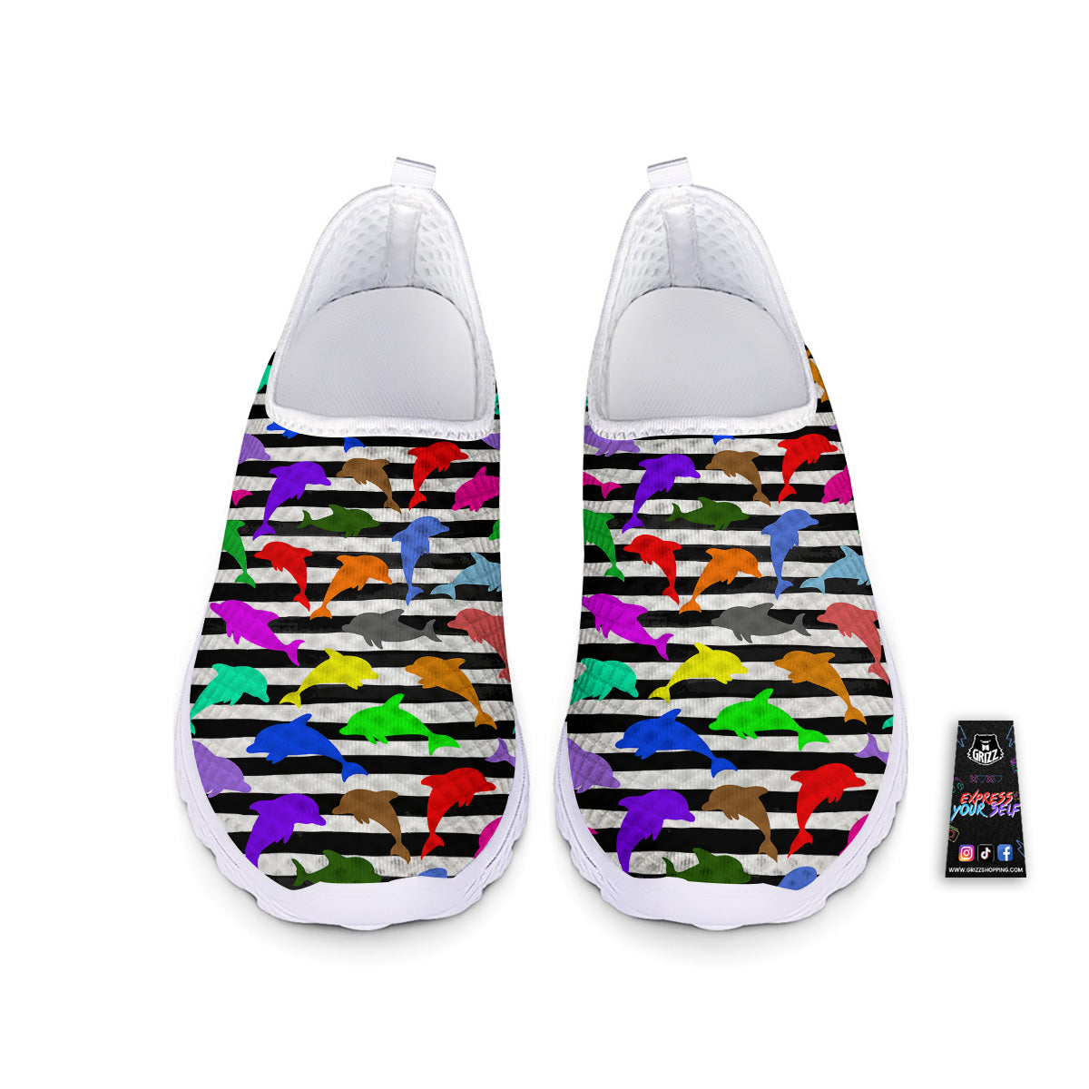 Striped And Colorful Dolphin Print Pattern Nurse Shoes-grizzshop