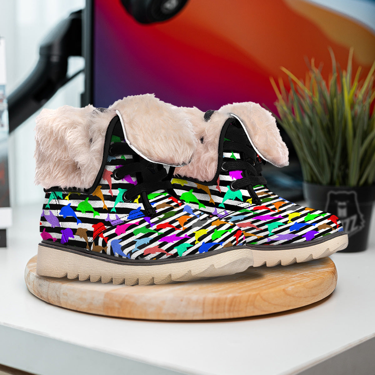 Striped And Colorful Dolphin Print Pattern Snow Boots-grizzshop