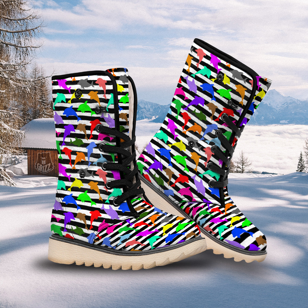 Striped And Colorful Dolphin Print Pattern Snow Boots-grizzshop