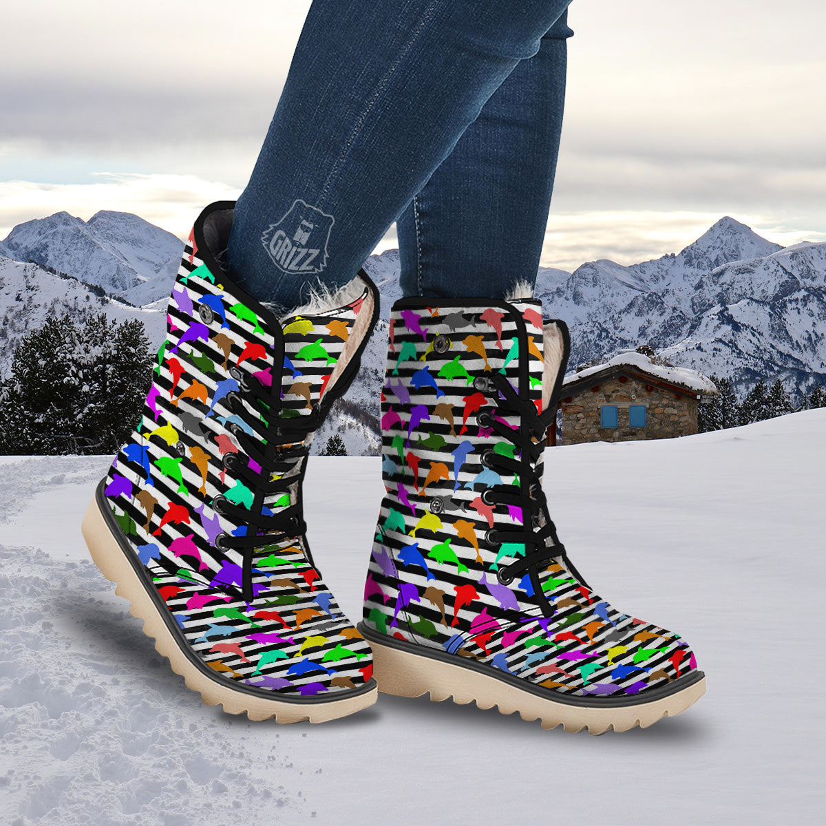 Striped And Colorful Dolphin Print Pattern Snow Boots-grizzshop
