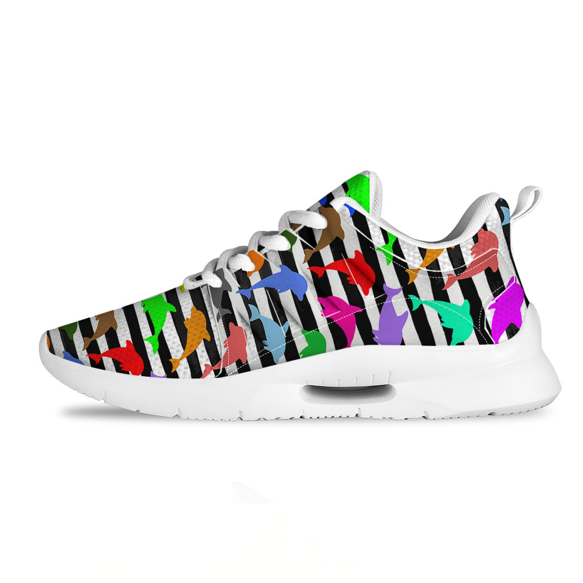 Striped And Colorful Dolphin Print Pattern Tennis Shoes-grizzshop