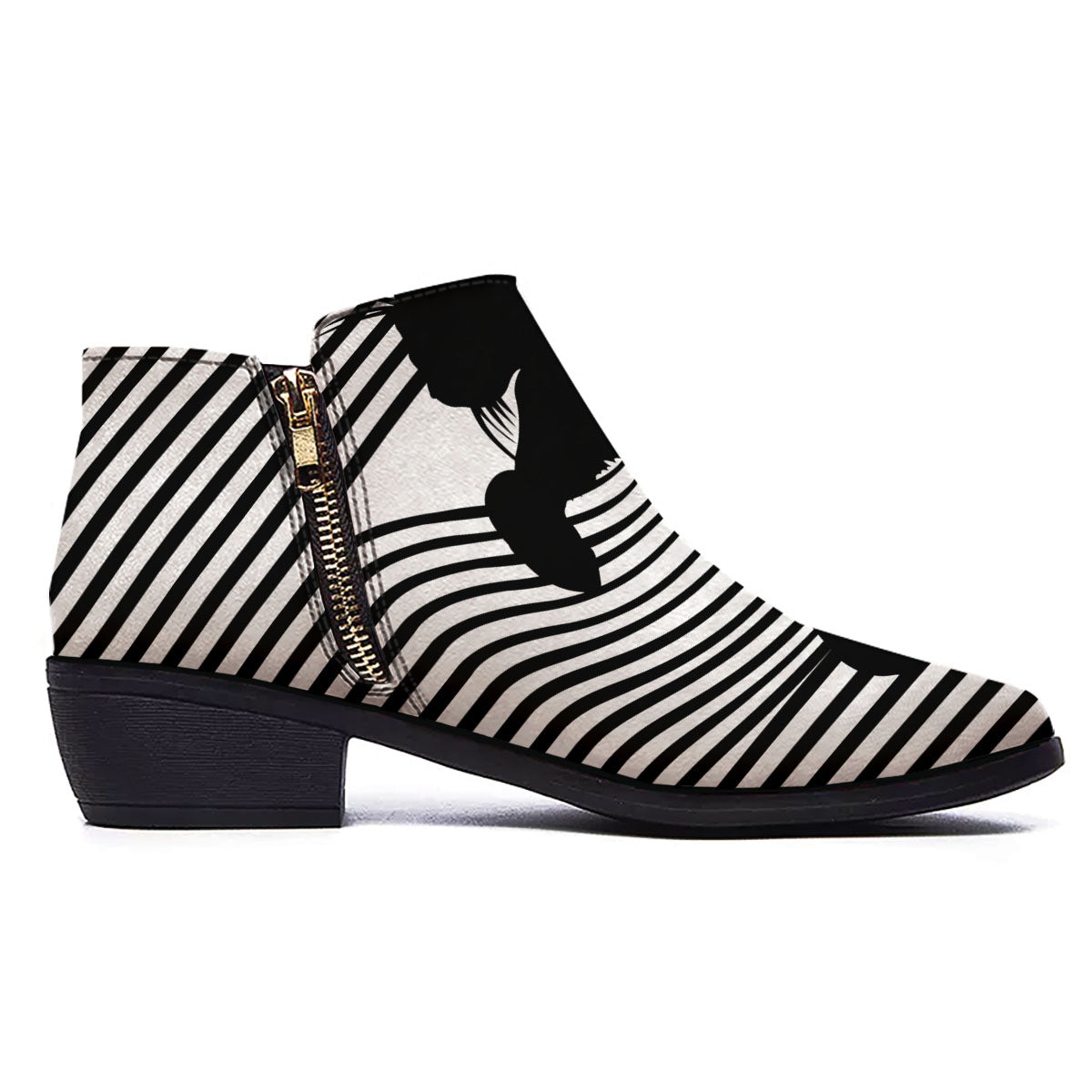 Striped Black Cat Print Ankle Boots-grizzshop