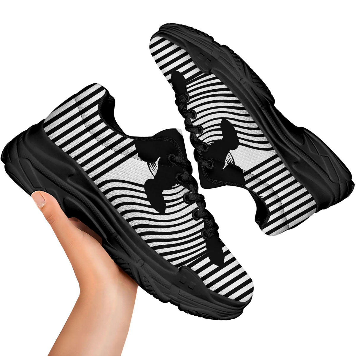 Striped Black Cat Print Black Chunky Shoes-grizzshop