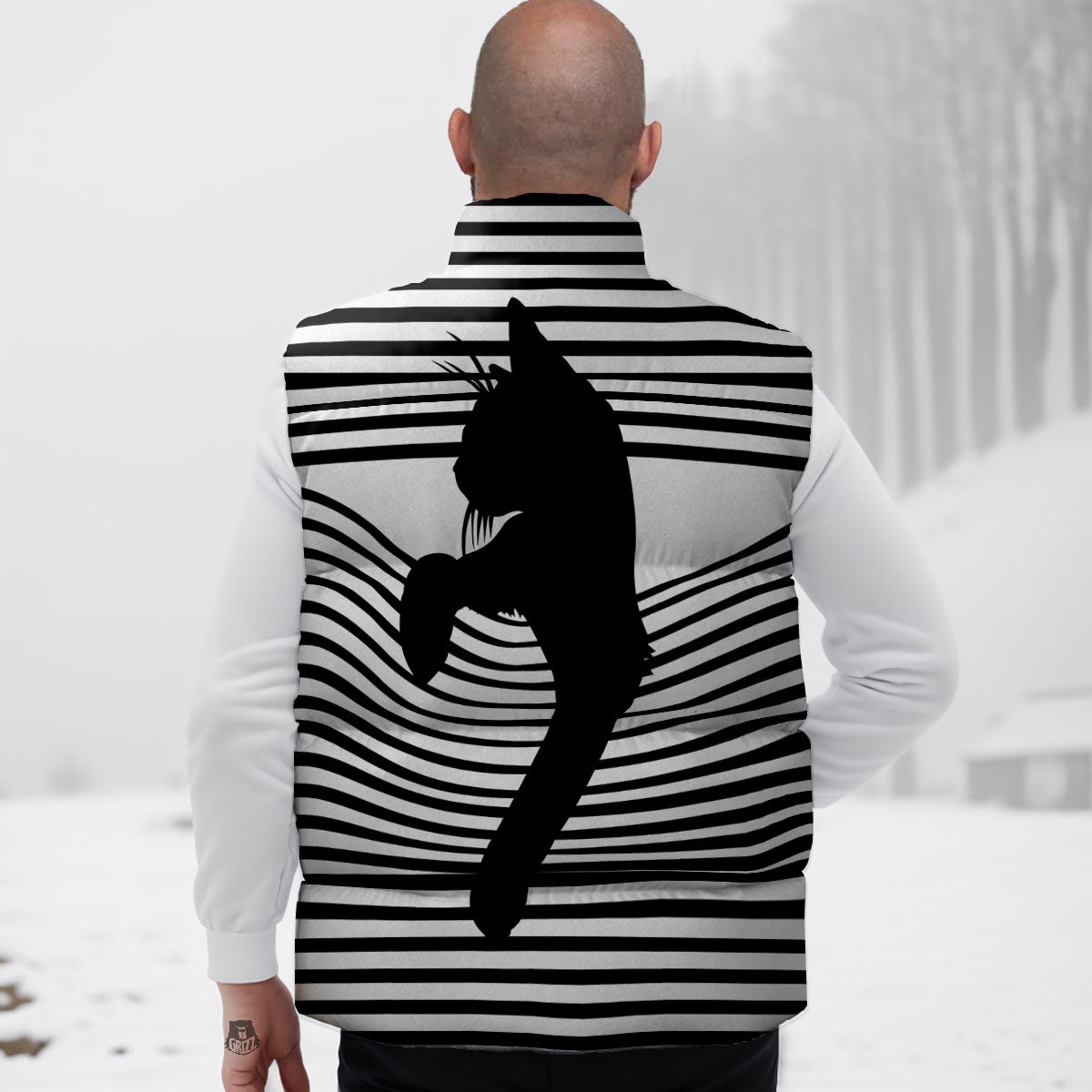 Striped Black Cat Print Down Vest