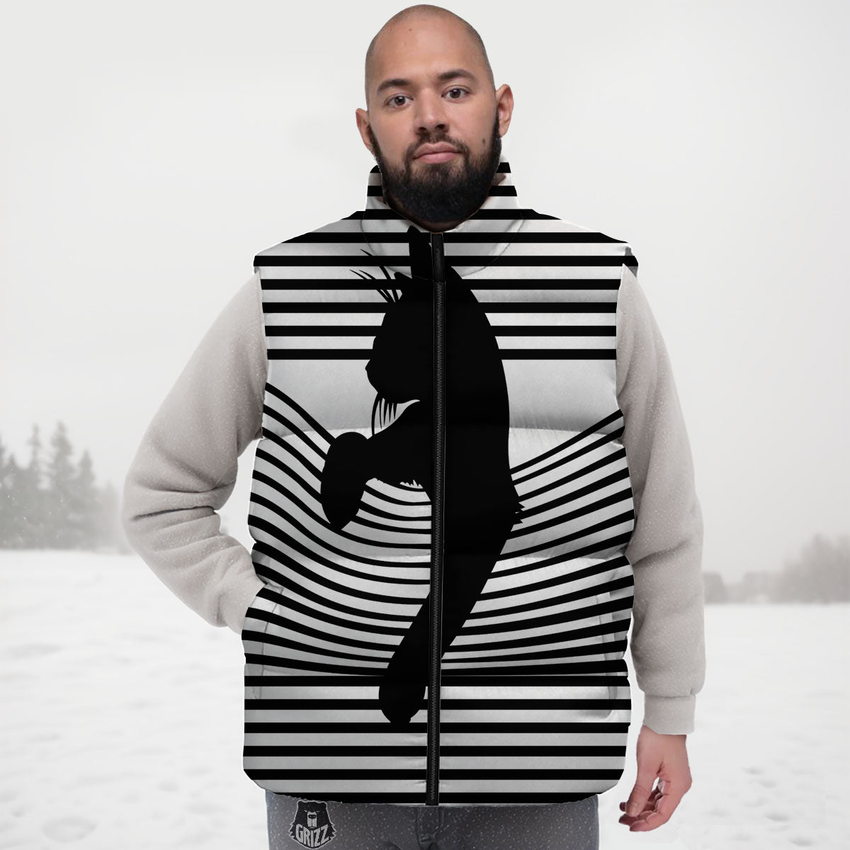 Striped Black Cat Print Down Vest