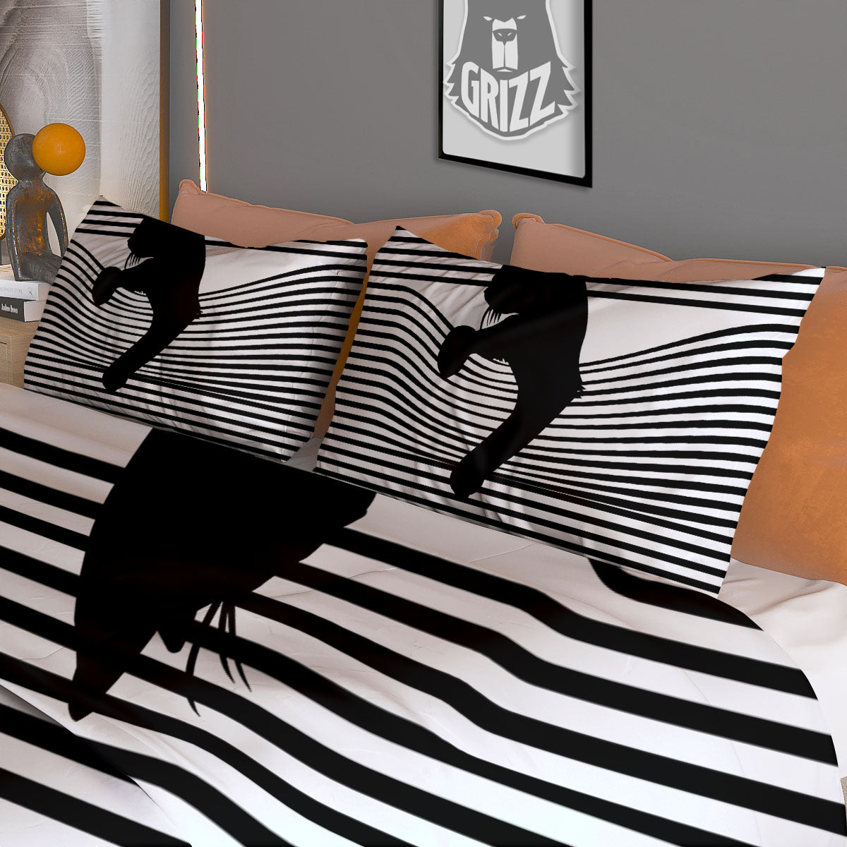 Striped Black Cat Print Duvet Cover Bedding Set