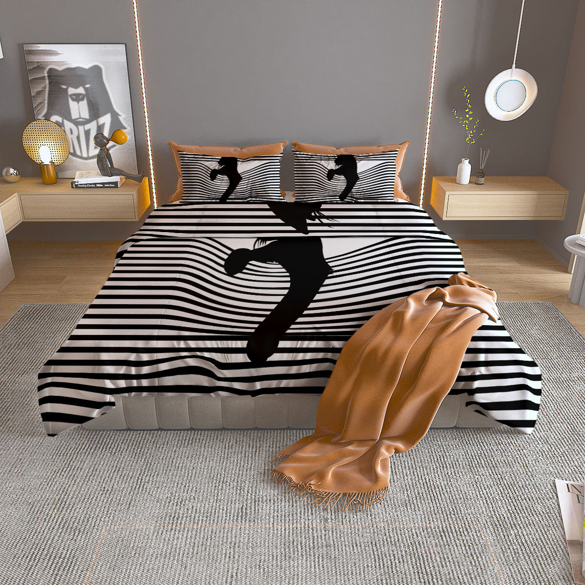 Striped Black Cat Print Duvet Cover Bedding Set