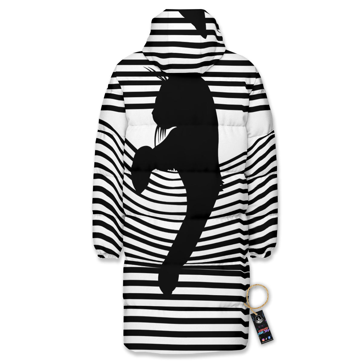 Striped Black Cat Print Long Down Jacket-grizzshop