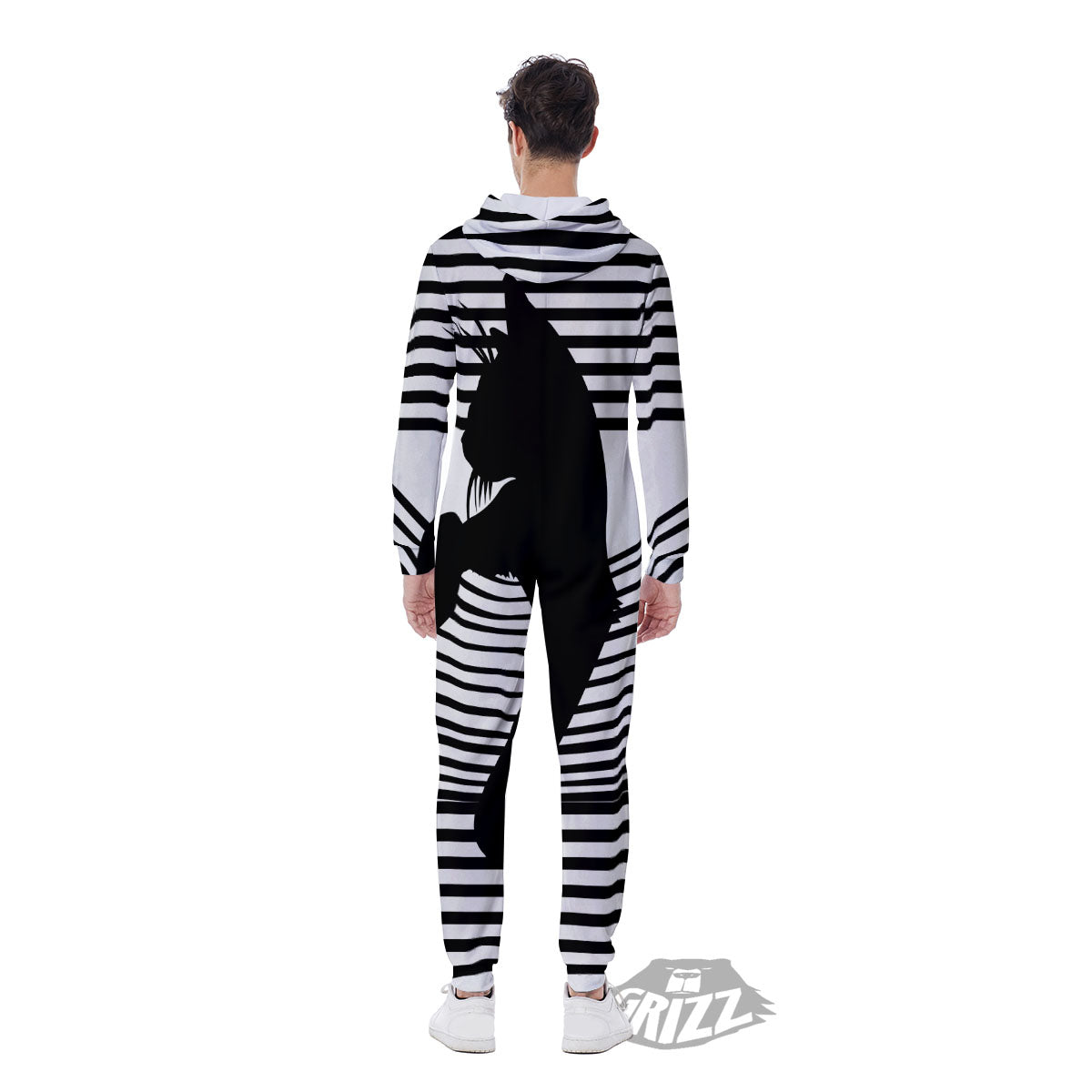 Striped Black Cat Print Men's Jumpsuit-grizzshop