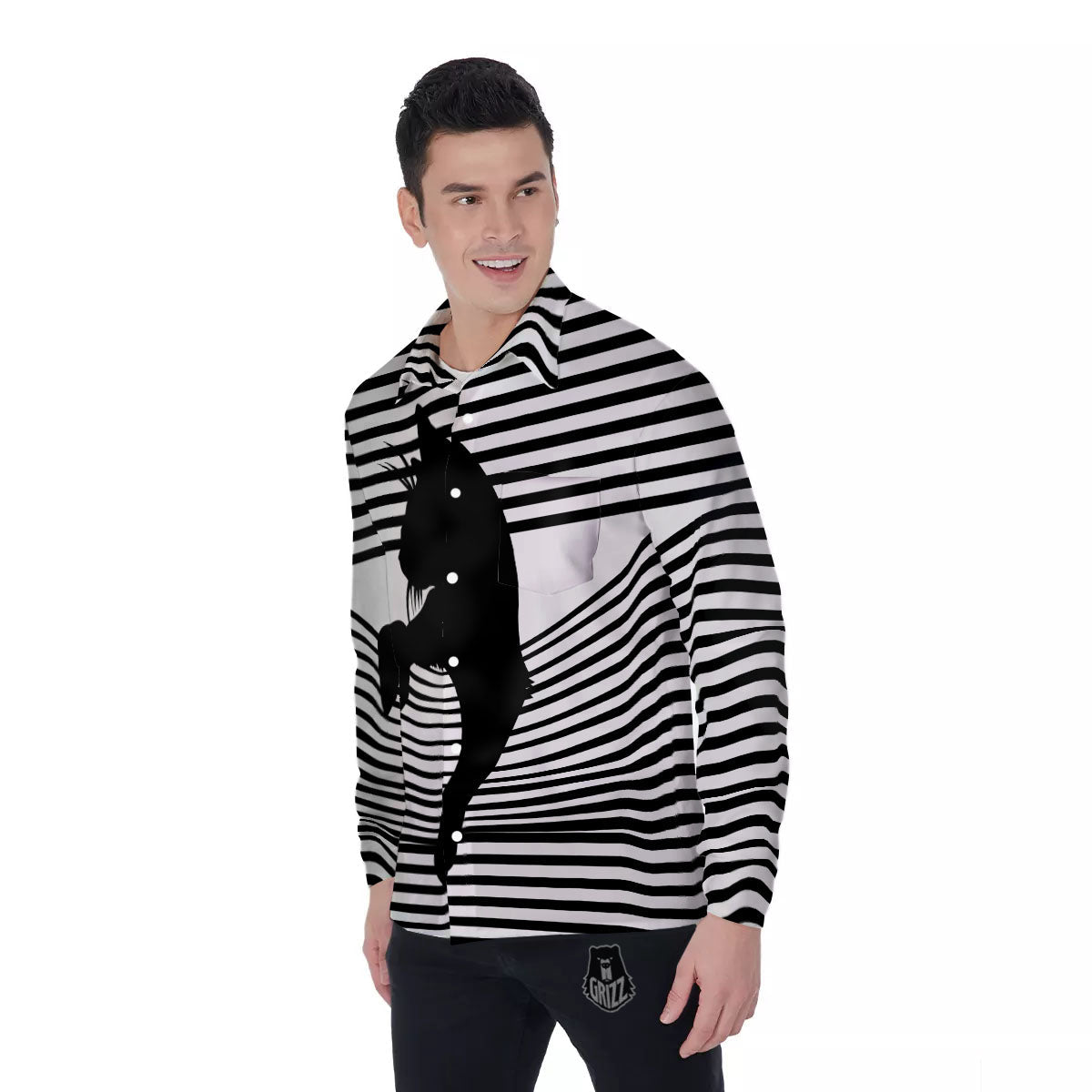Striped Black Cat Print Men's Long Sleeve Shirts-grizzshop