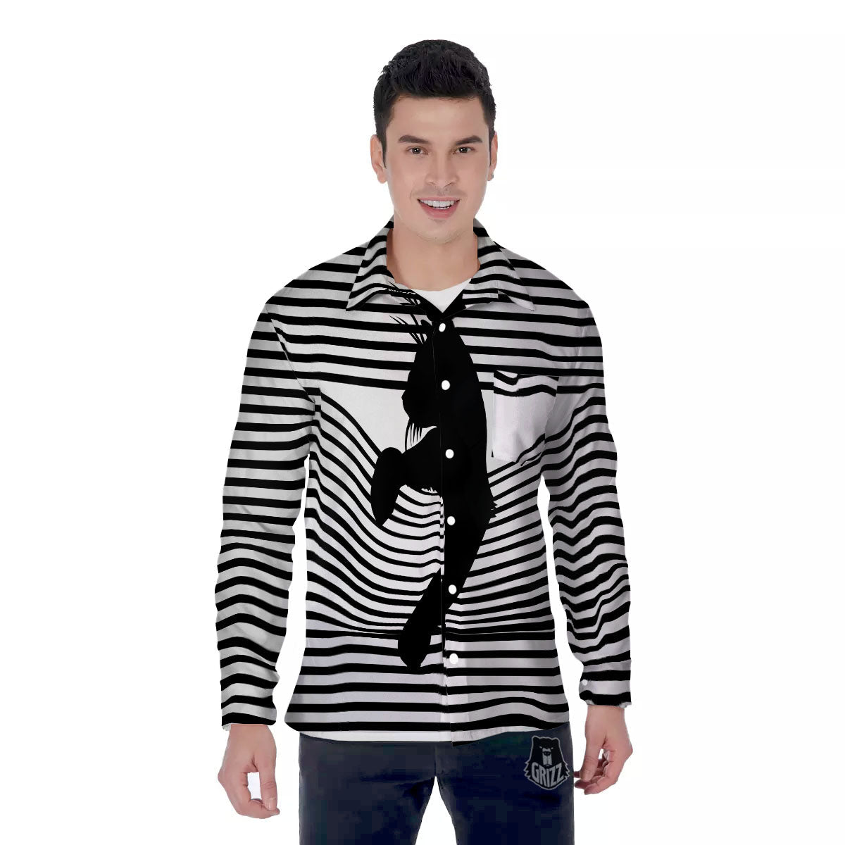 Striped Black Cat Print Men's Long Sleeve Shirts-grizzshop