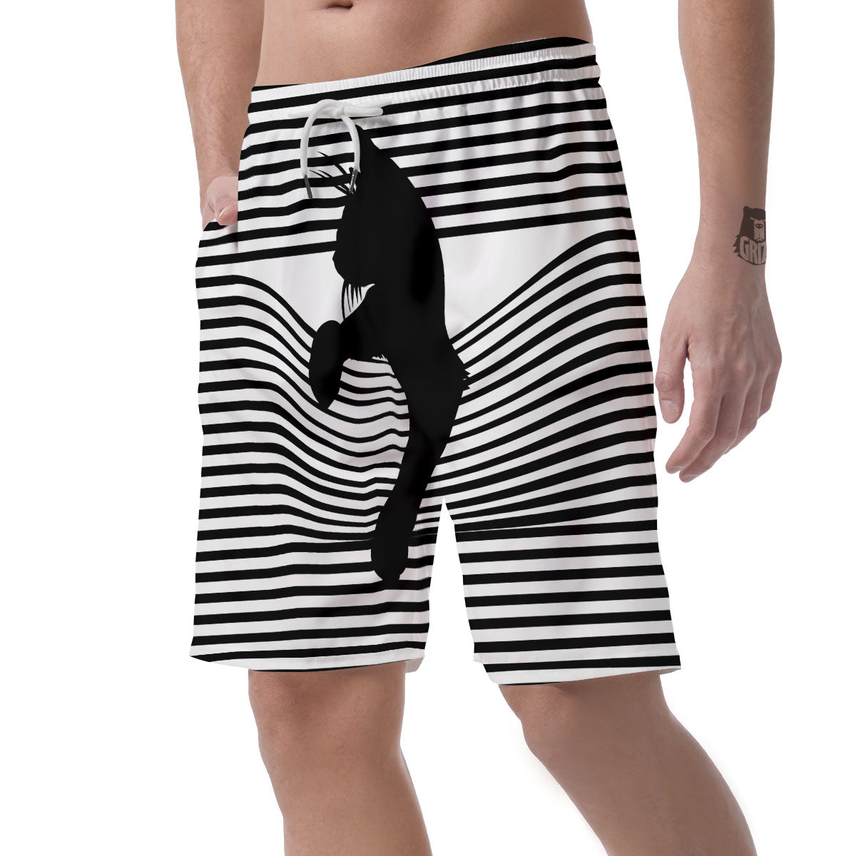 Striped Black Cat Print Men's Shorts-grizzshop