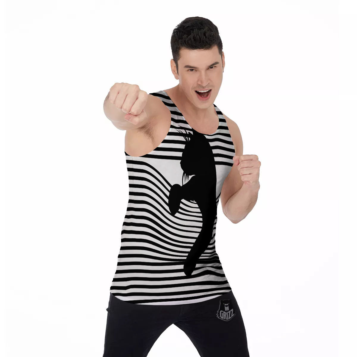 Striped Black Cat Print Men's Tank Top-grizzshop