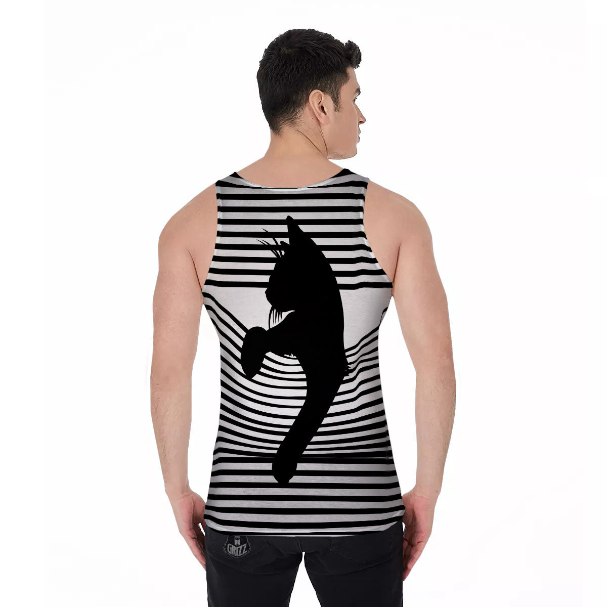 Striped Black Cat Print Men's Tank Top-grizzshop