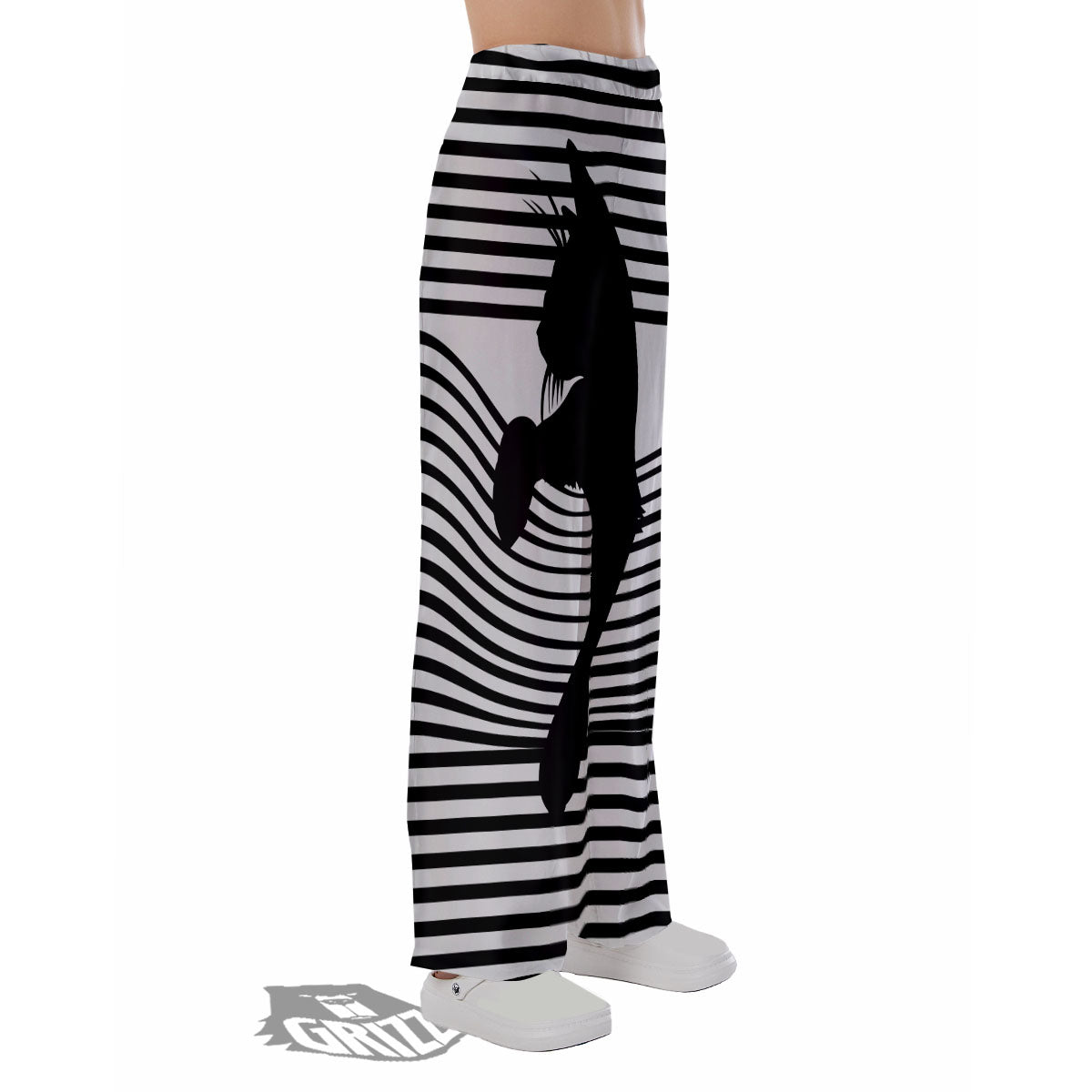 Striped Black Cat Print Pajama Pants-grizzshop