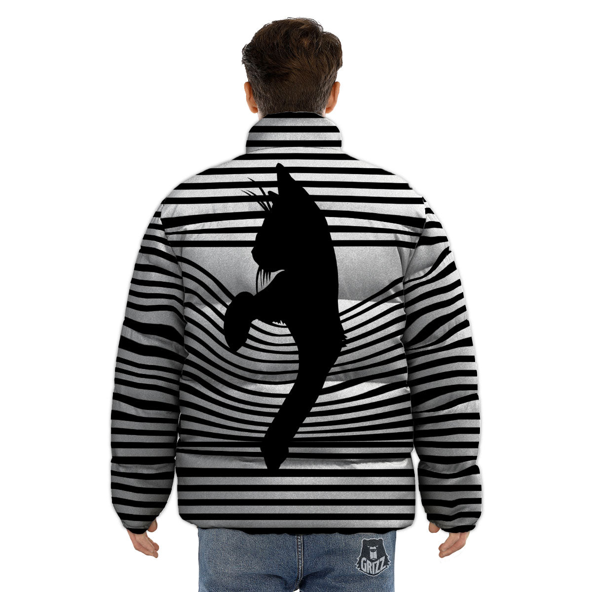 Striped Black Cat Print Puffer Jacket-grizzshop