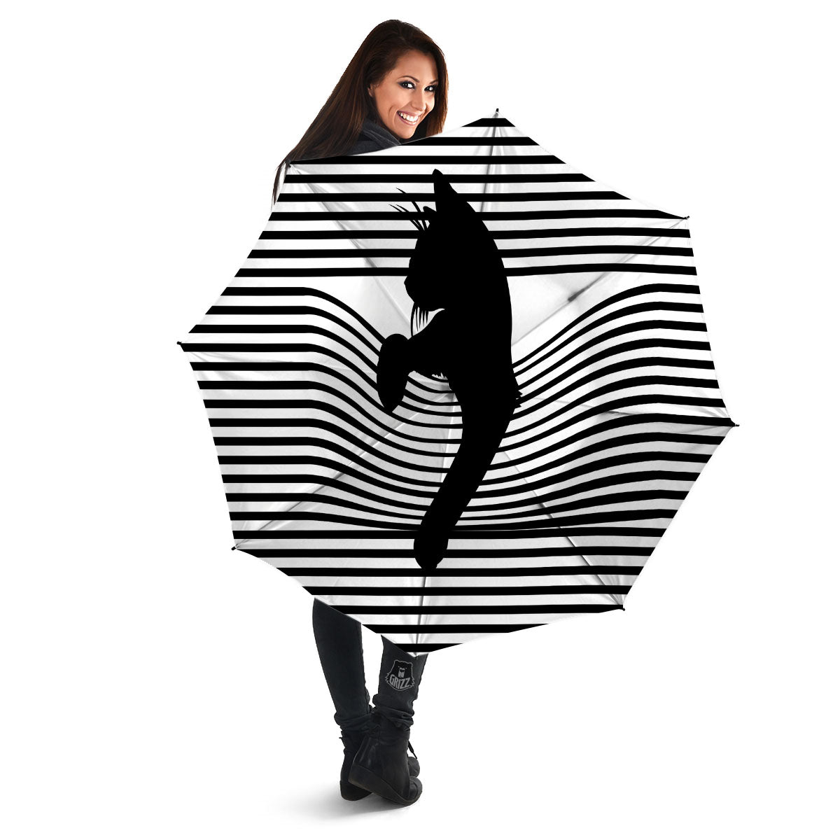 Striped Black Cat Print Umbrella-grizzshop
