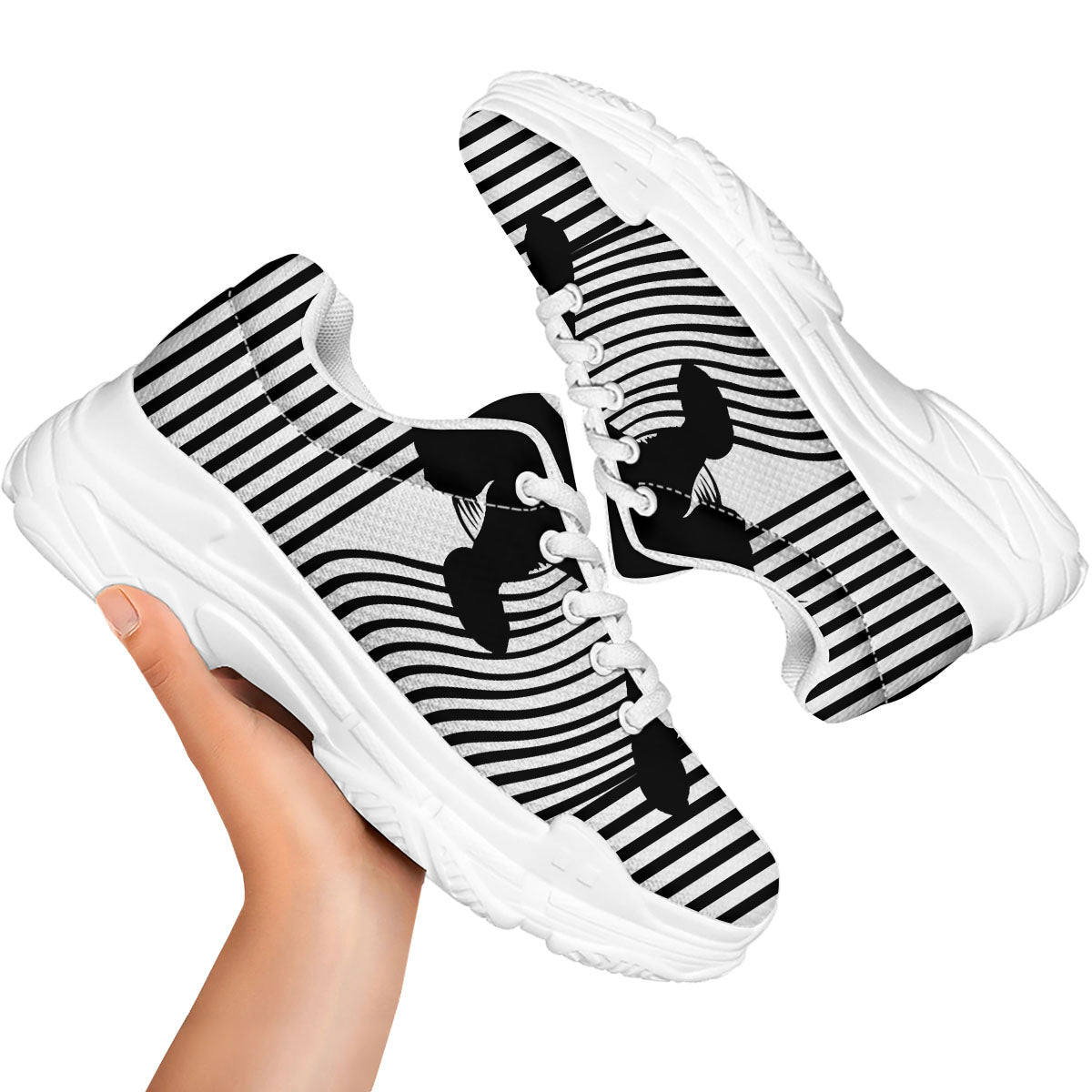 Striped Black Cat Print White Chunky Shoes-grizzshop