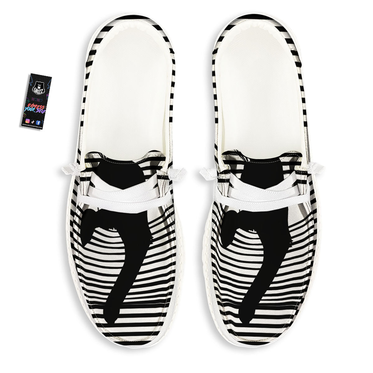 Striped Black Cat Print White Loafers-grizzshop