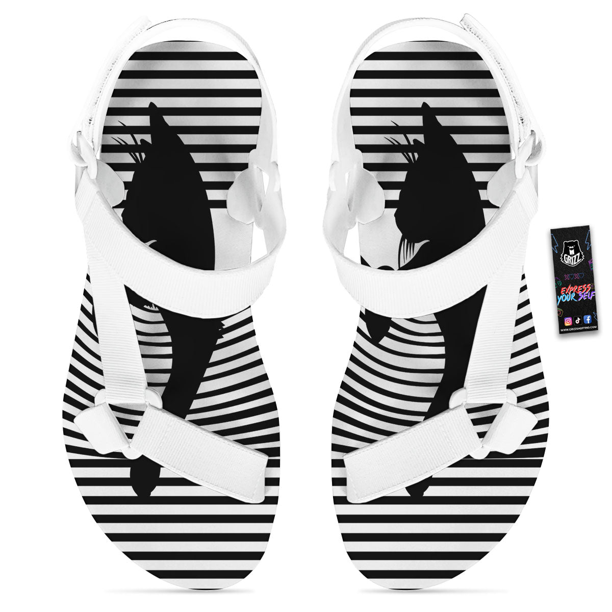 Striped Black Cat Print White Open Toe Sandals-grizzshop
