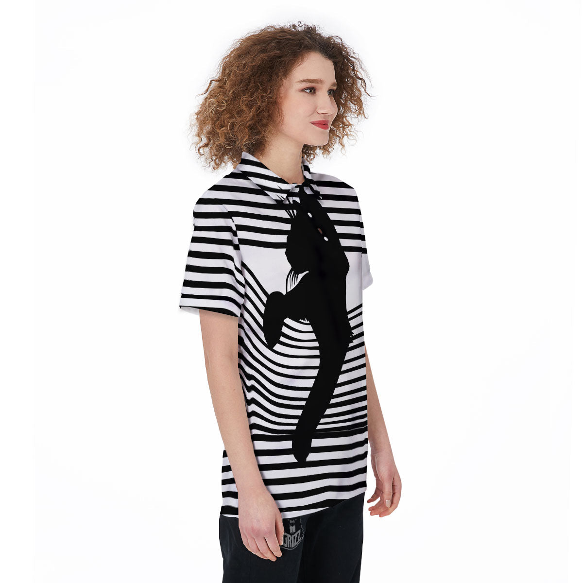Striped Black Cat Print Women's Golf Shirts-grizzshop