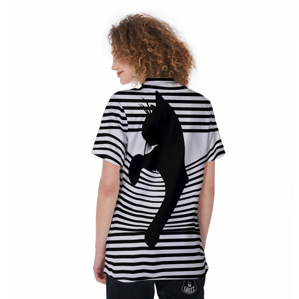 Striped Black Cat Print Women's Golf Shirts-grizzshop