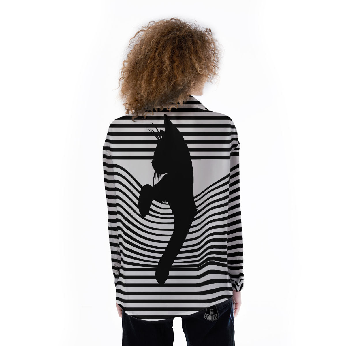 Striped Black Cat Print Women's Long Sleeve Shirts-grizzshop