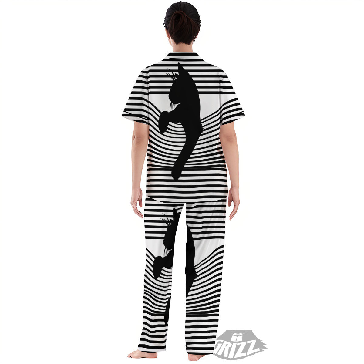 Striped Black Cat Print Women's Pajamas Set-grizzshop