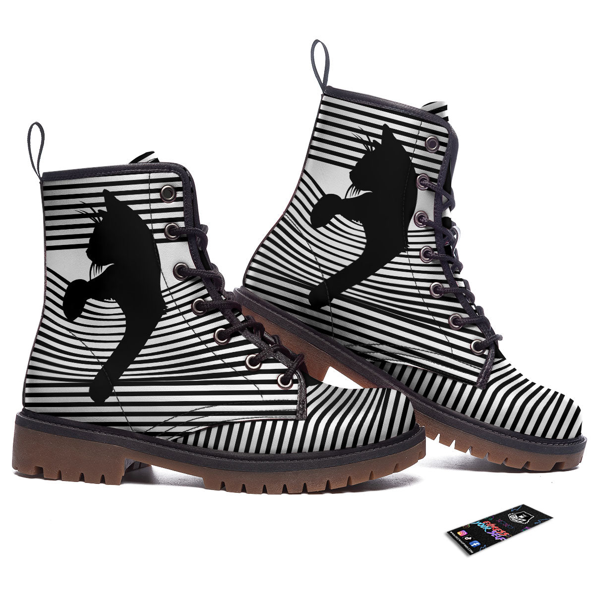 Striped Black Cat Print Work Boots-grizzshop