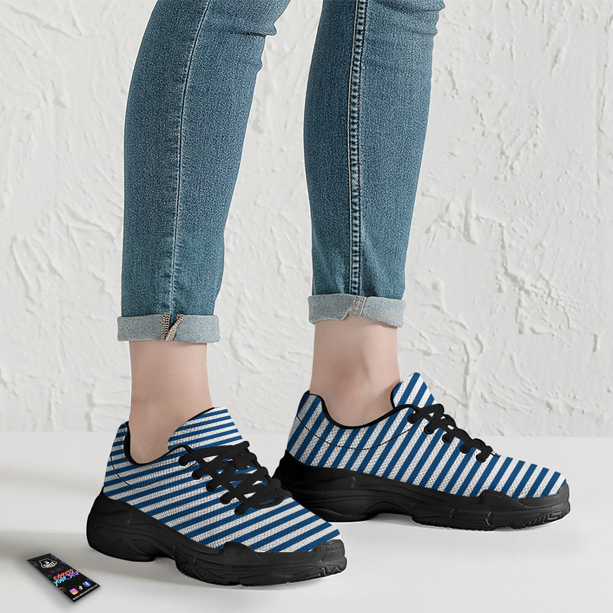 Striped Blue Print Pattern Black Chunky Shoes-grizzshop