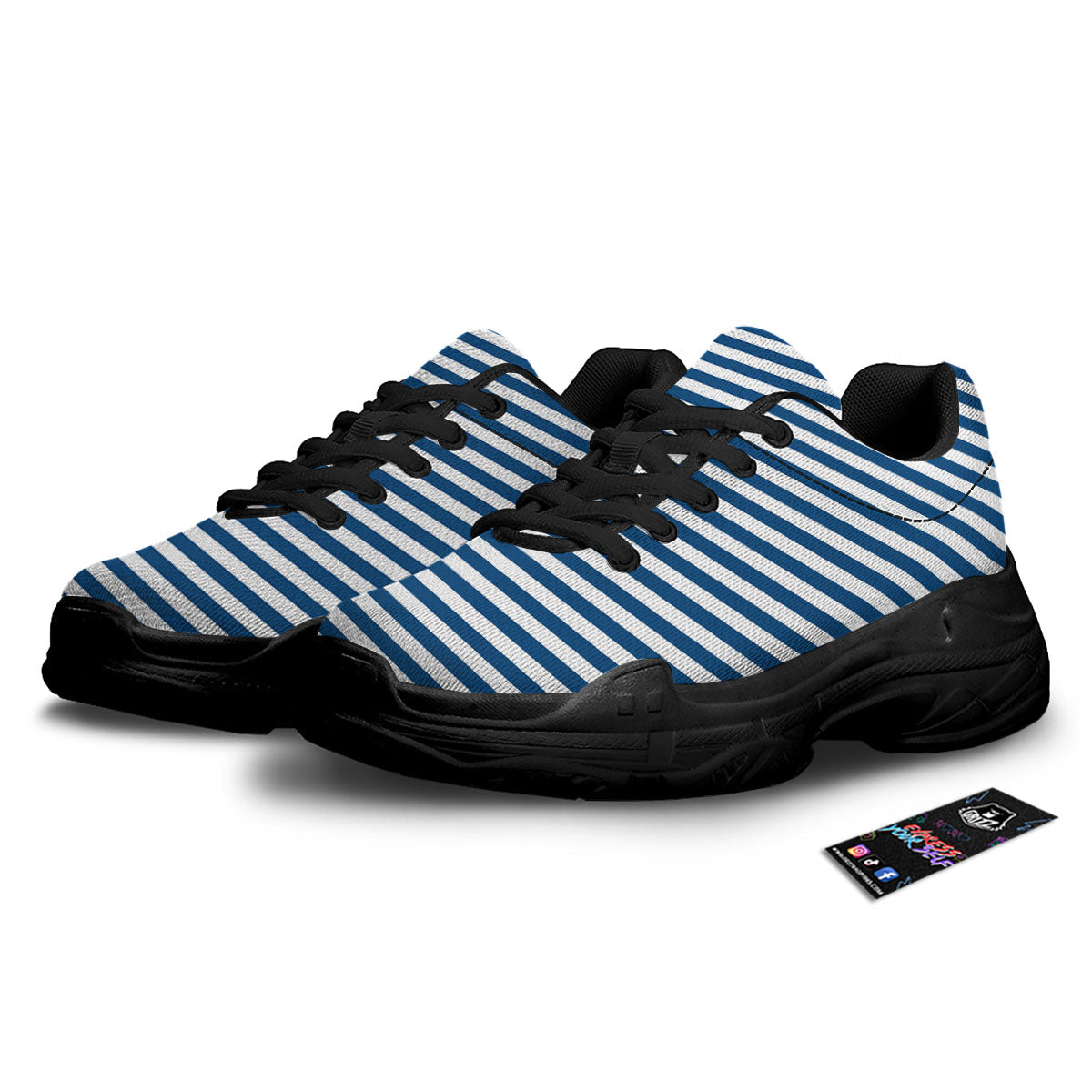 Striped Blue Print Pattern Black Chunky Shoes-grizzshop