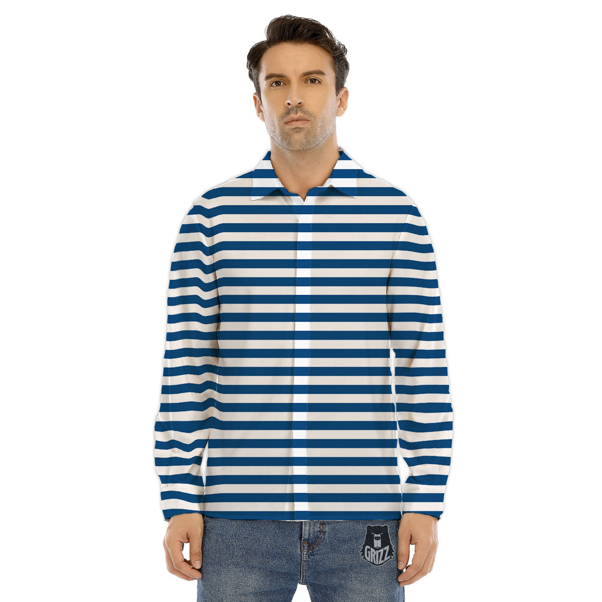 Striped Blue Print Pattern Men's Dress Shirts-grizzshop