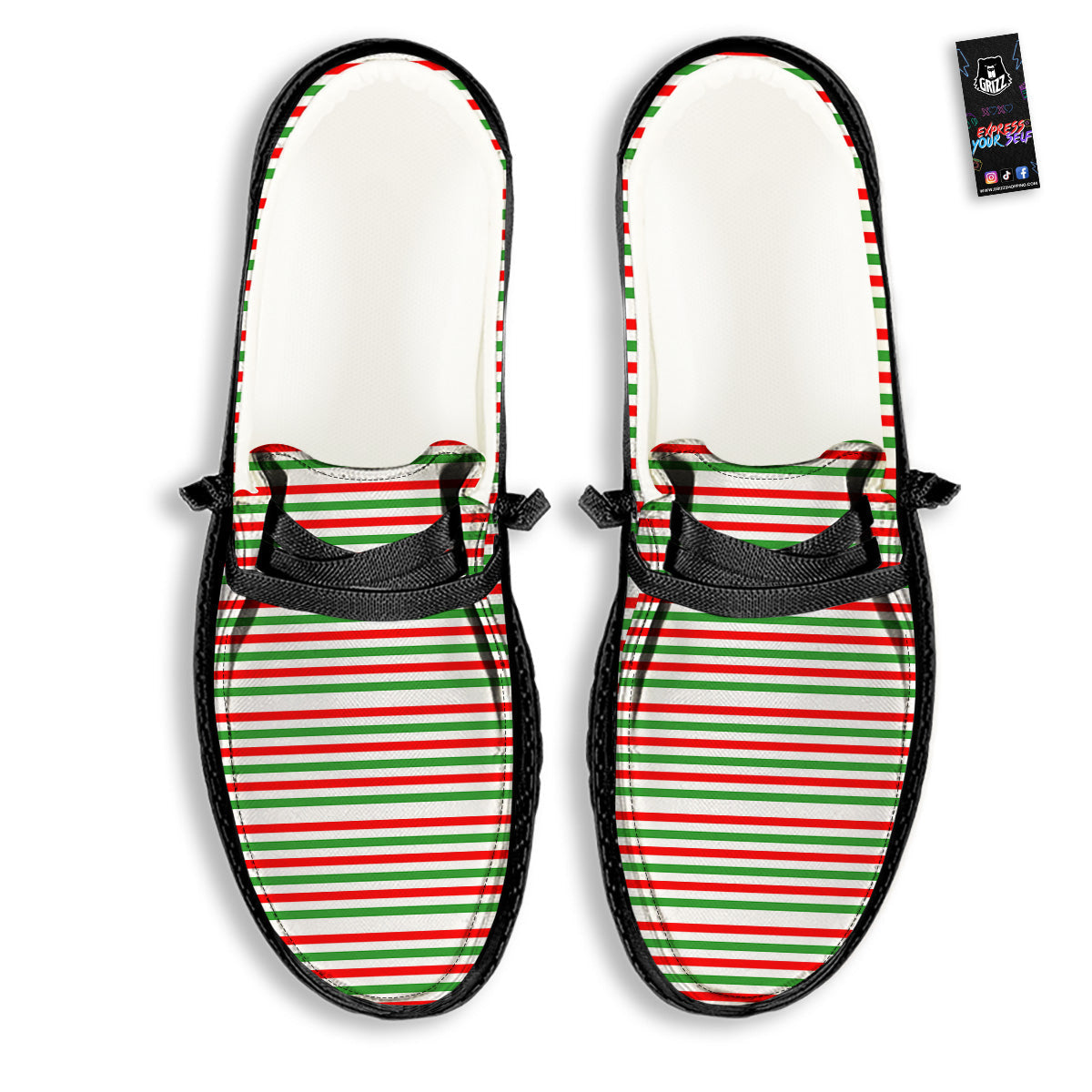 Striped Candy Cane Print Pattern Black Loafers-grizzshop