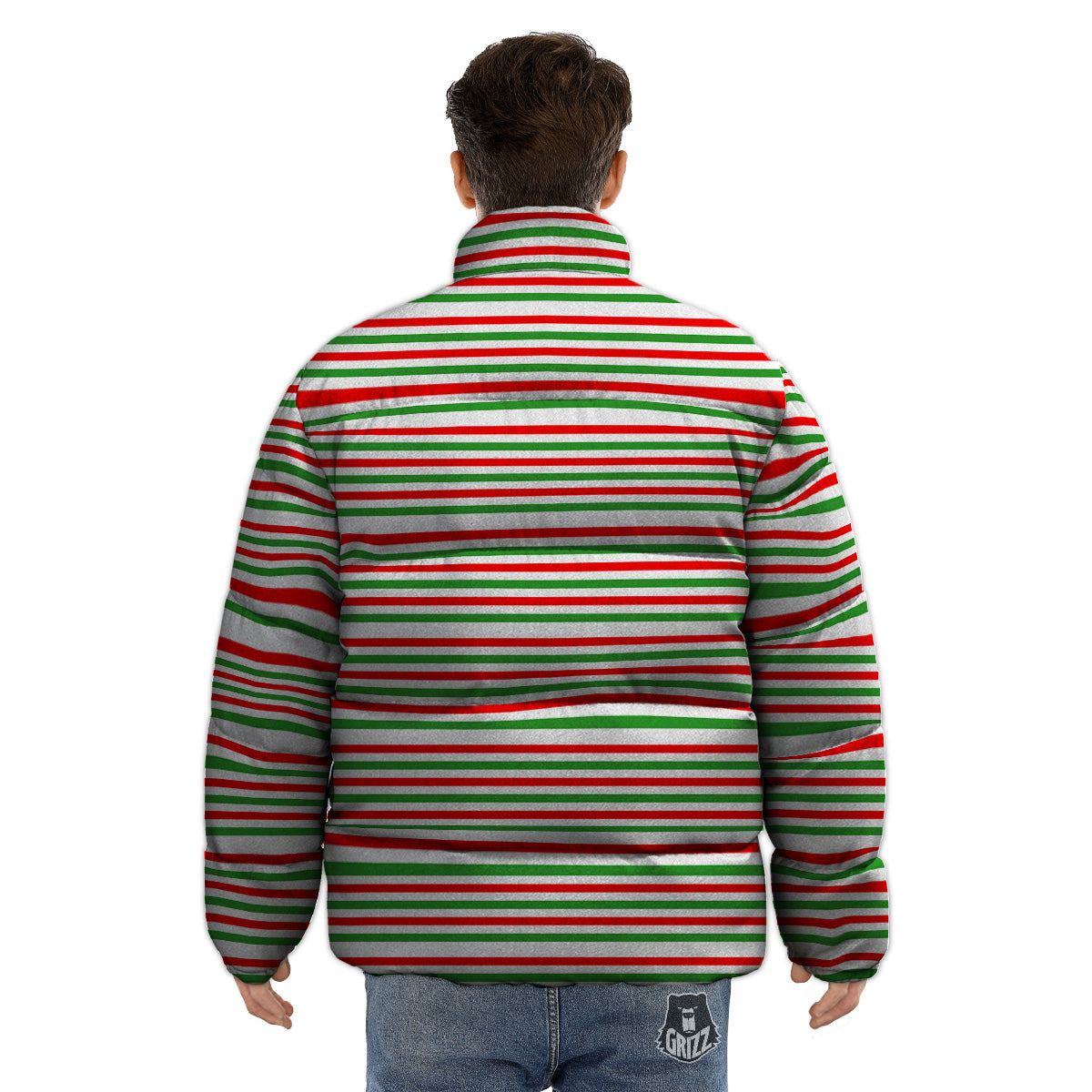 Striped Candy Cane Print Pattern Puffer Jacket-grizzshop