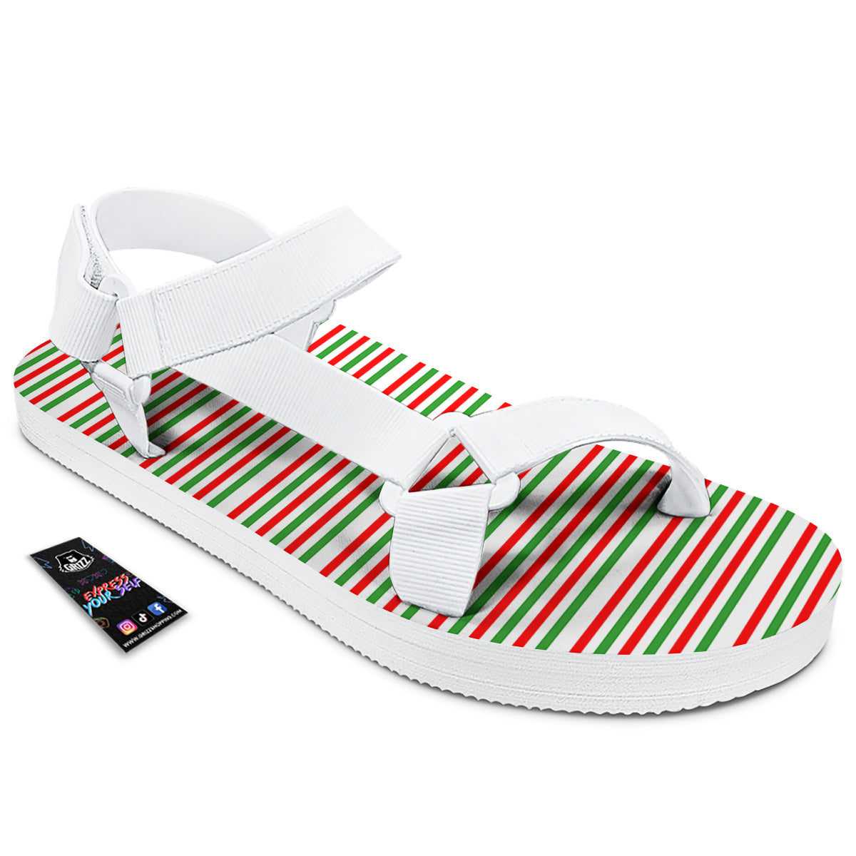 Striped Candy Cane Print Pattern White Open Toe Sandals-grizzshop