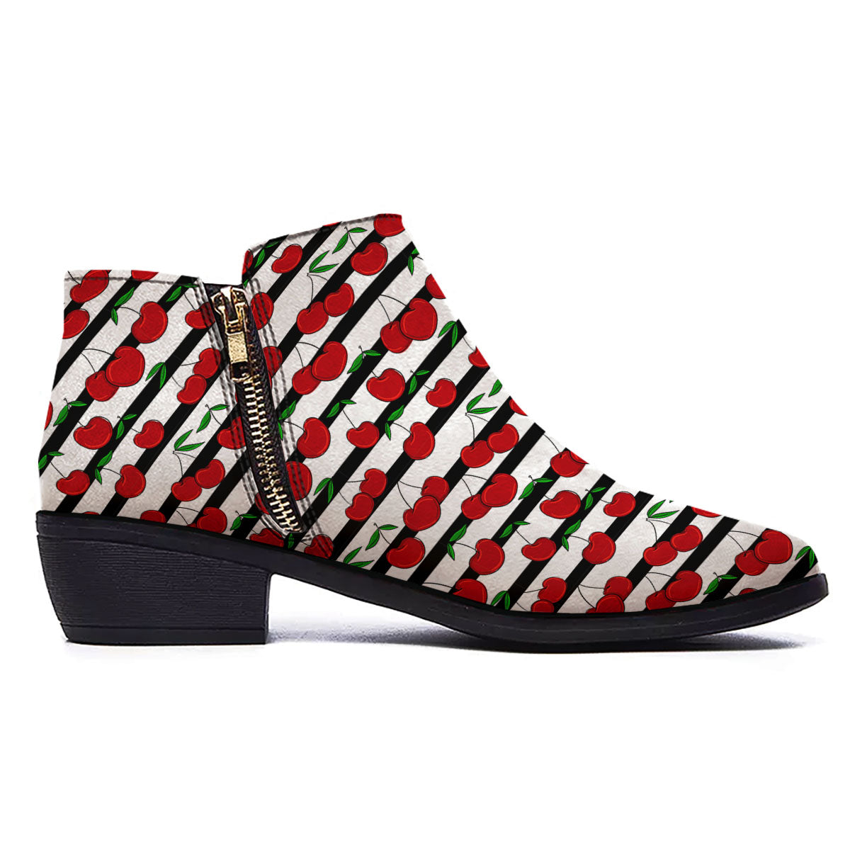 Striped Cherry Print Pattern Ankle Boots-grizzshop