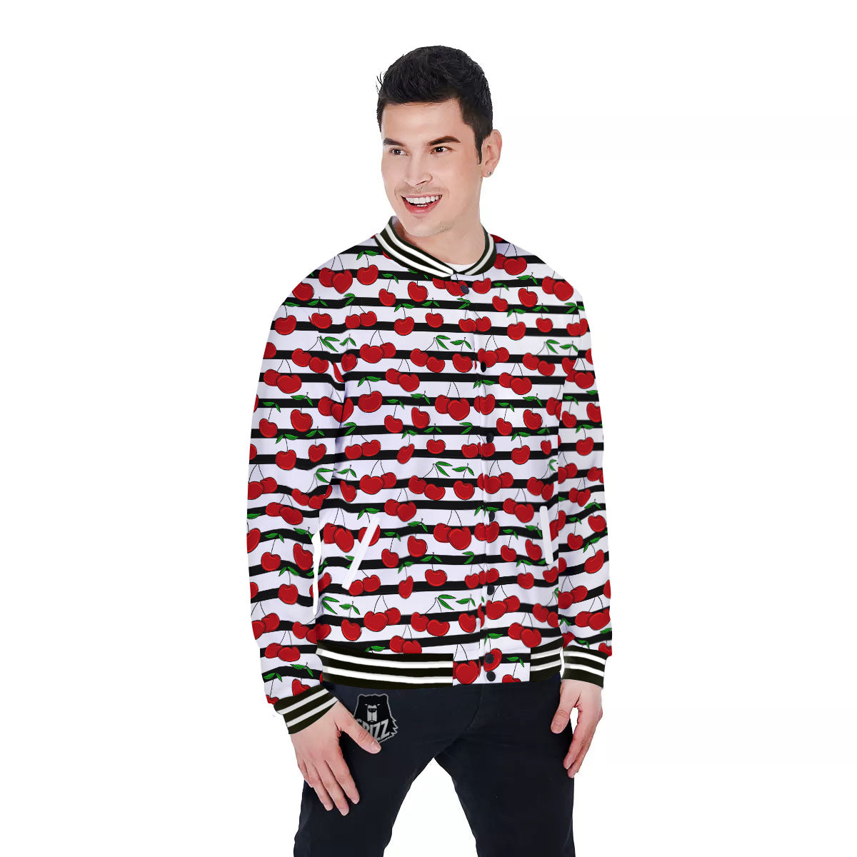 Striped Cherry Print Pattern Baseball Jacket-grizzshop
