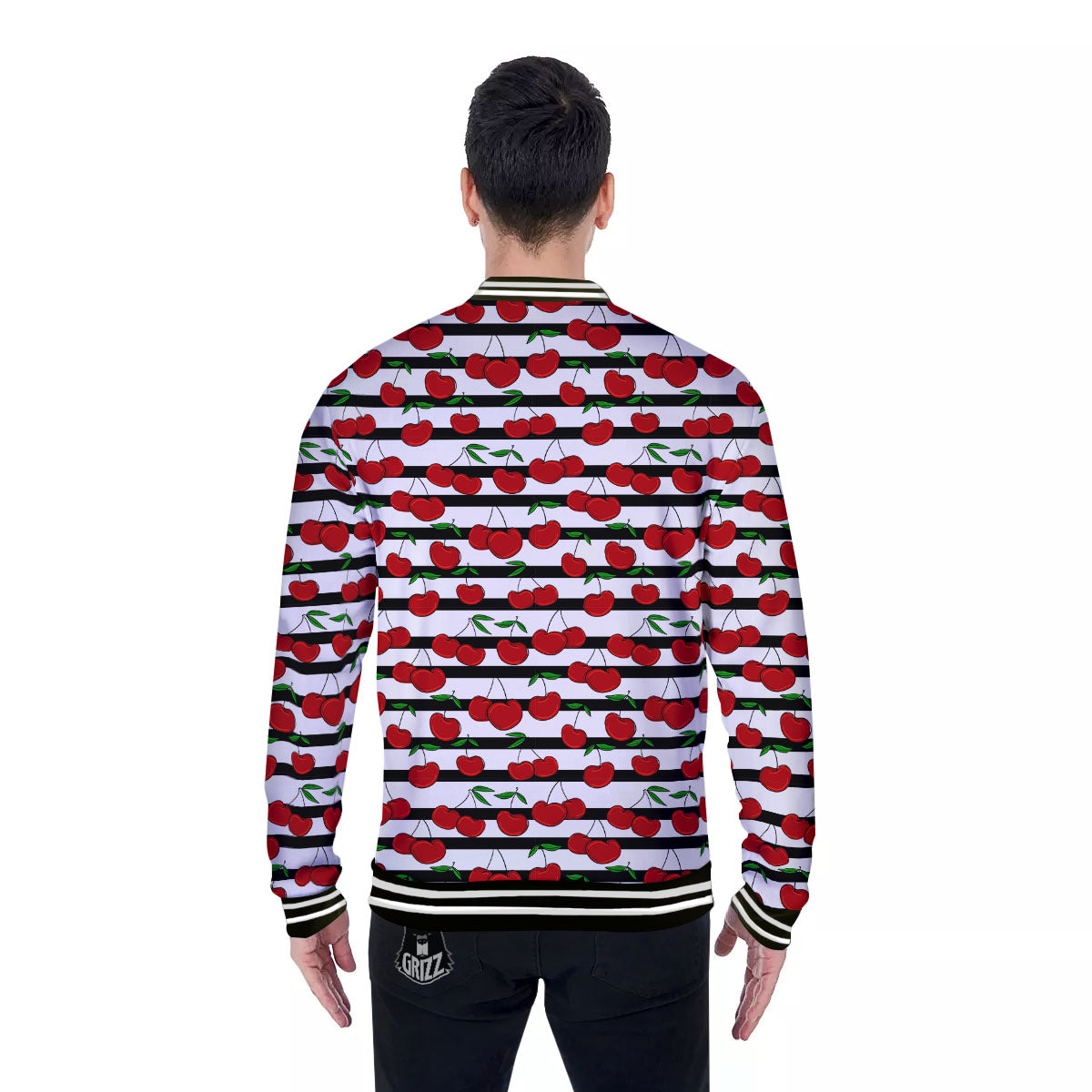 Striped Cherry Print Pattern Baseball Jacket-grizzshop