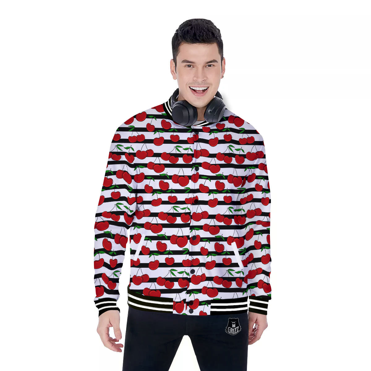 Striped Cherry Print Pattern Baseball Jacket-grizzshop