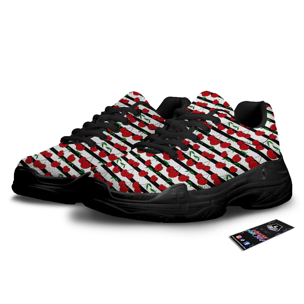 Striped Cherry Print Pattern Black Chunky Shoes-grizzshop