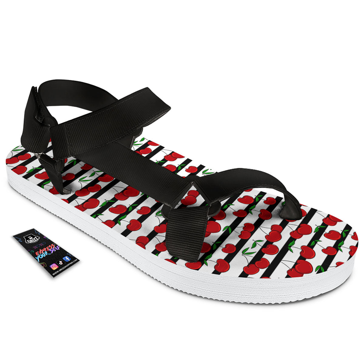 Striped Cherry Print Pattern Black Open Toe Sandals-grizzshop