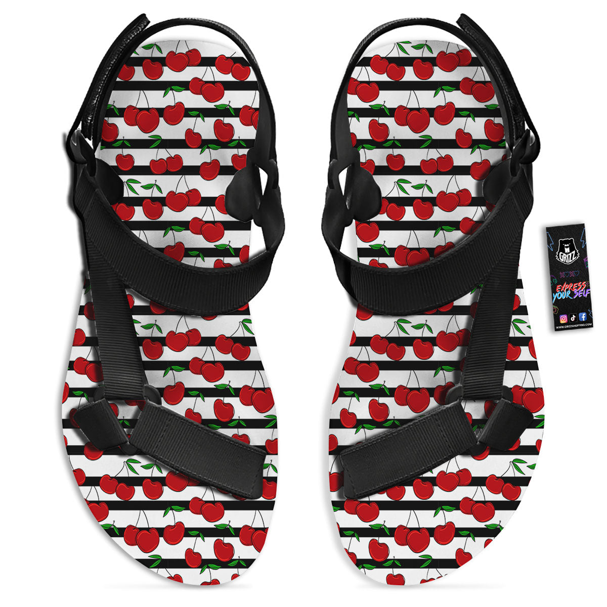 Striped Cherry Print Pattern Black Open Toe Sandals-grizzshop